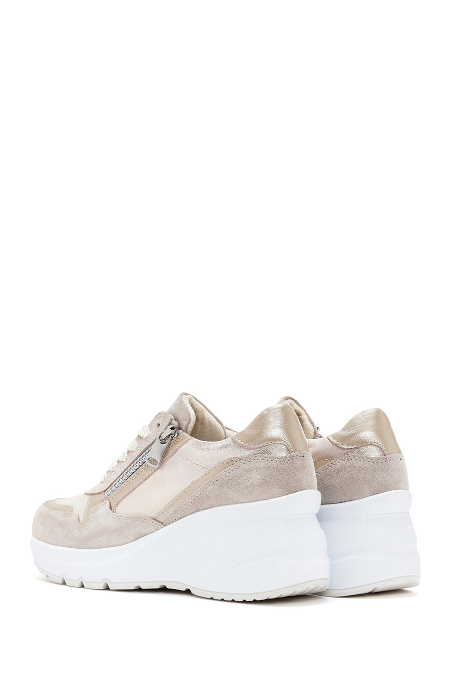 Women's Beige Wedge Heeled Leather Sneaker