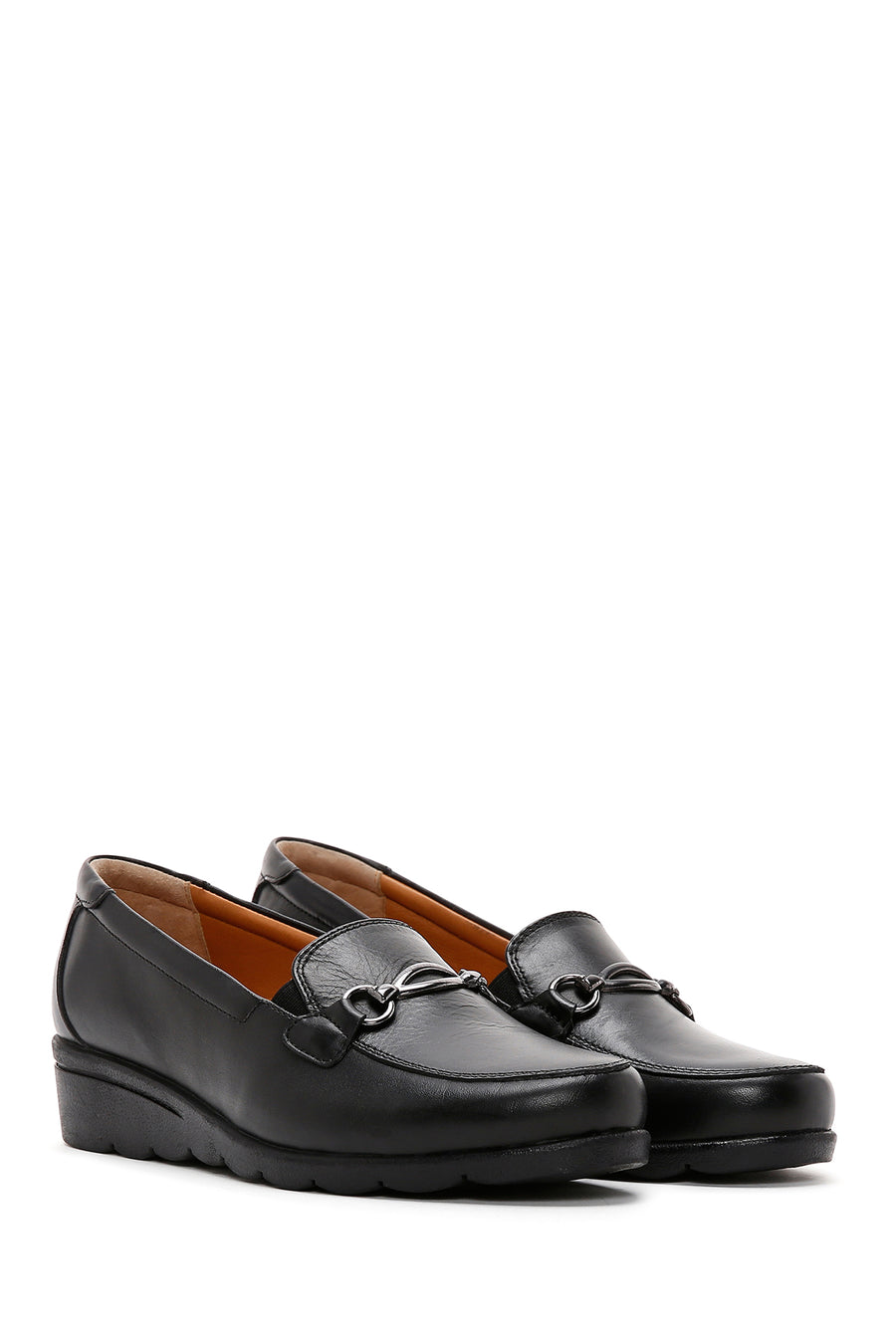 Women's Black Wedge Heeled Leather Comfort Shoes