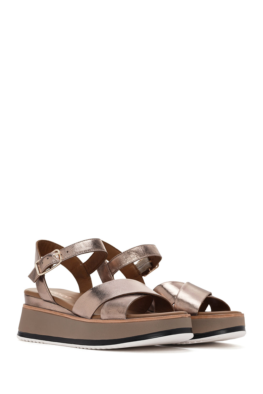 Kadın Gri Bilekten Bantlı Kalın Tabanlı Deri Sandalet