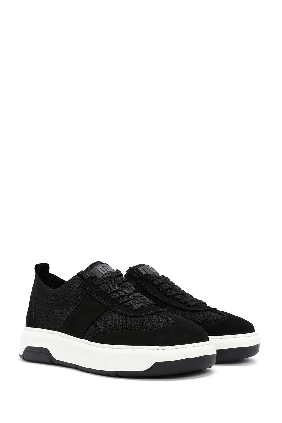 Erkek Siyah Deri Detaylı Bağcıklı Kumaş Sneaker