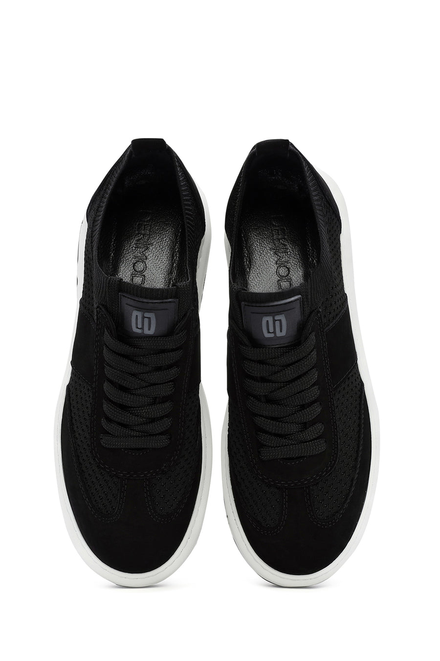 Erkek Siyah Deri Detaylı Bağcıklı Kumaş Sneaker