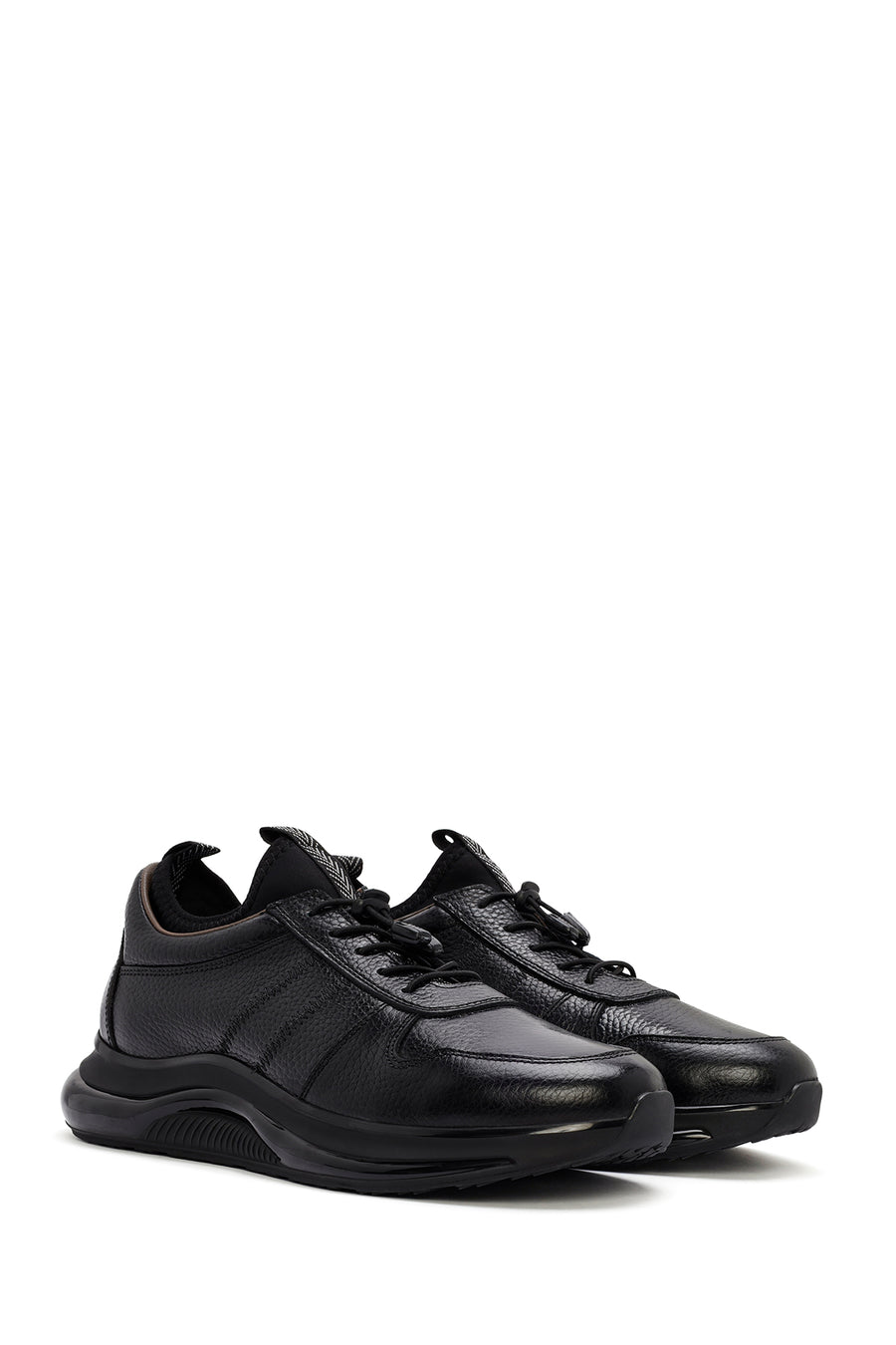 Erkek Siyah Bağcıklı Kalın Tabanlı Deri Sneaker