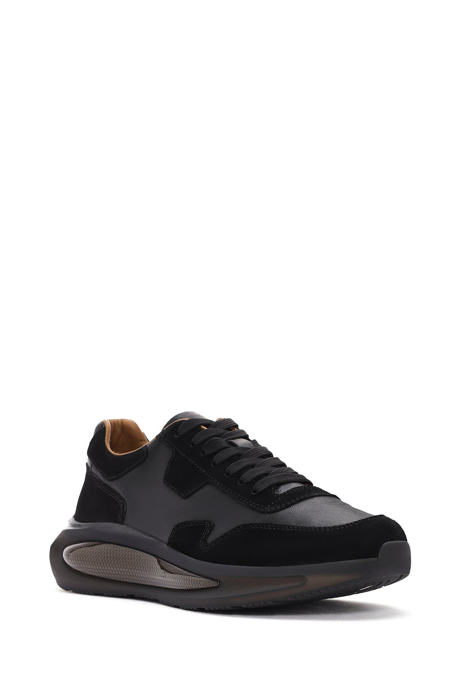 Erkek Siyah Kalın Tabanlı Bağcıklı Deri Sneaker