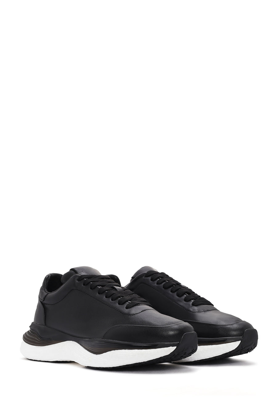 Men's Black Lace-up Thick-Sole Leather Sneaker