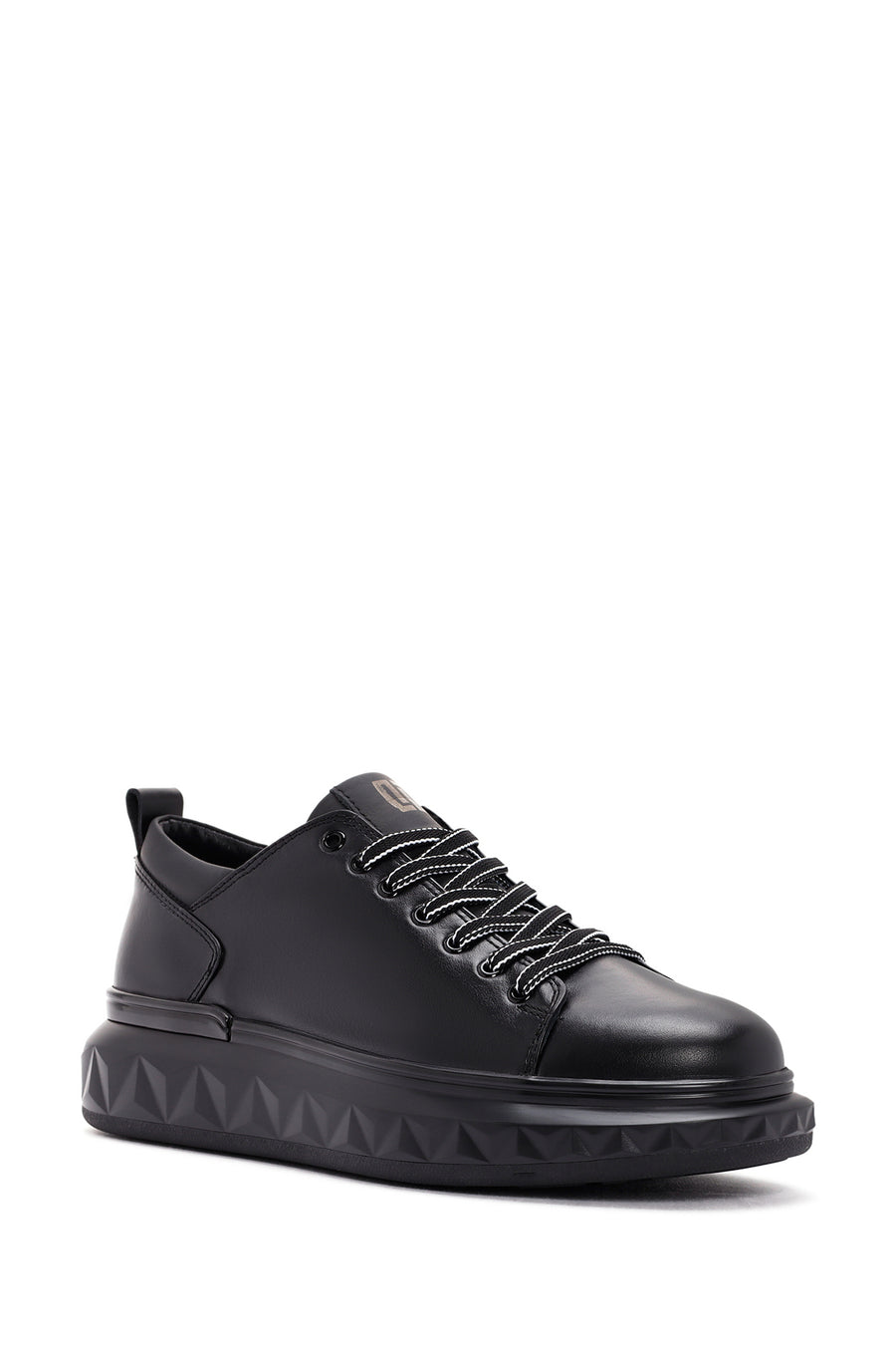 Erkek Siyah Kalın Tabanlı Bağcıklı Deri Sneaker