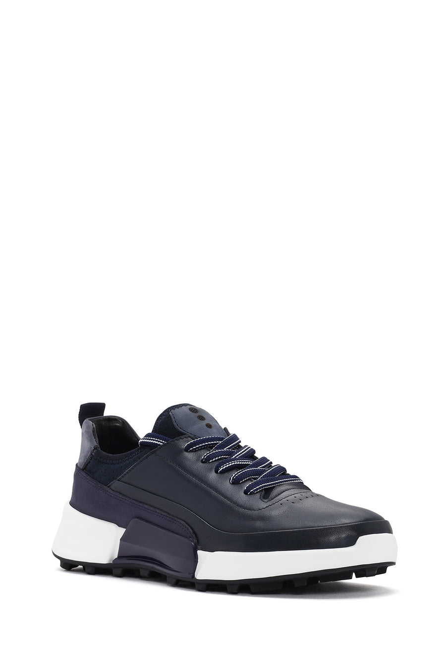 Erkek Lacivert Bağcıklı Kalın Tabanlı Deri Sneaker