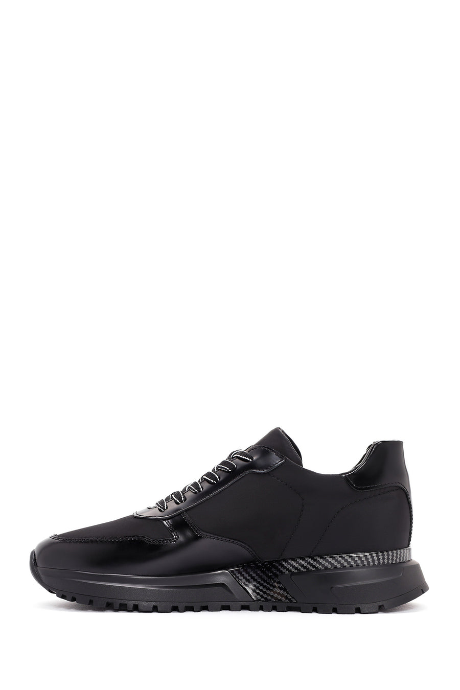 Erkek Siyah Kalın Tabanlı Bağcıklı Deri Sneaker