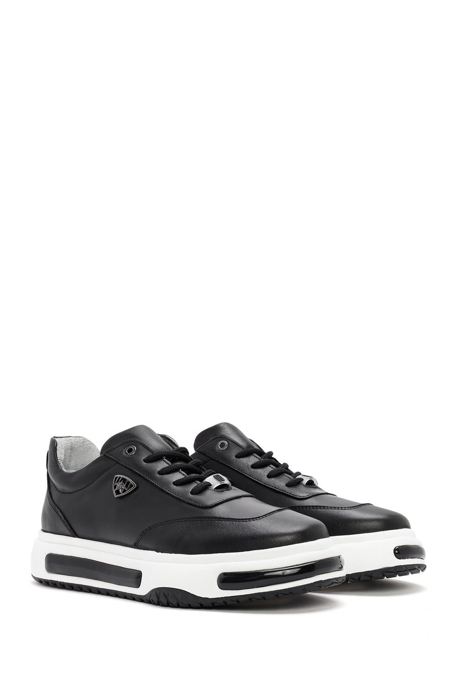 Erkek Siyah Kalın Tabanlı Bağcıklı Deri Sneaker