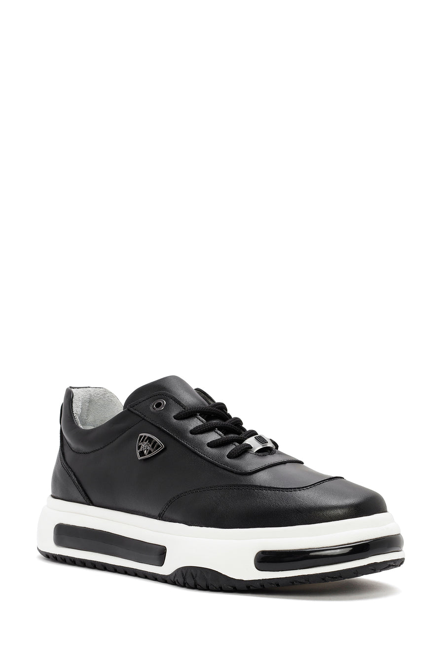 Erkek Siyah Kalın Tabanlı Bağcıklı Deri Sneaker