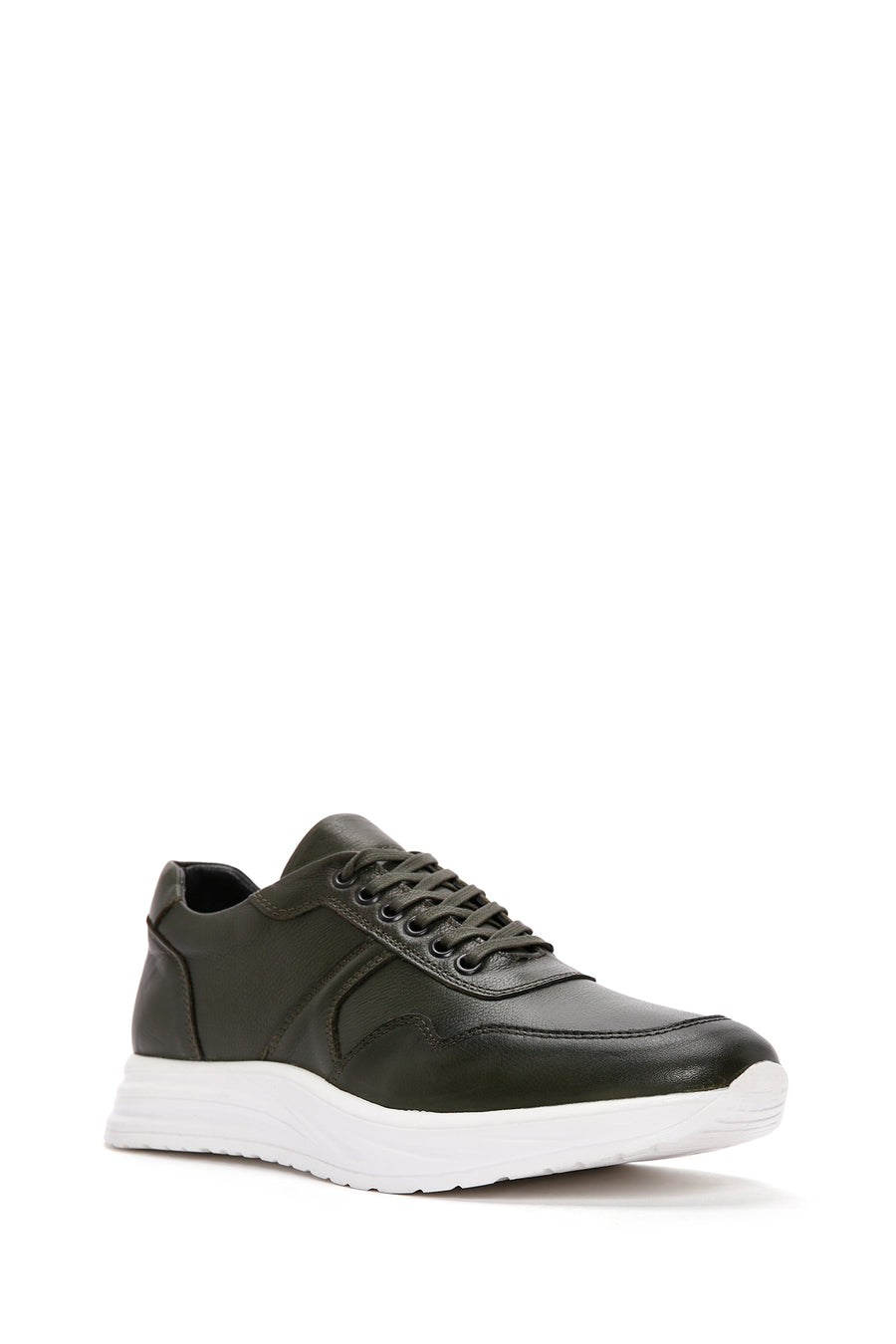 Erkek Haki Bağcıklı Kalın Tabanlı Deri Sneaker