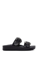 Women's Black Stone Double Buckle Thick Sole Comfort Slippers | Derimod
