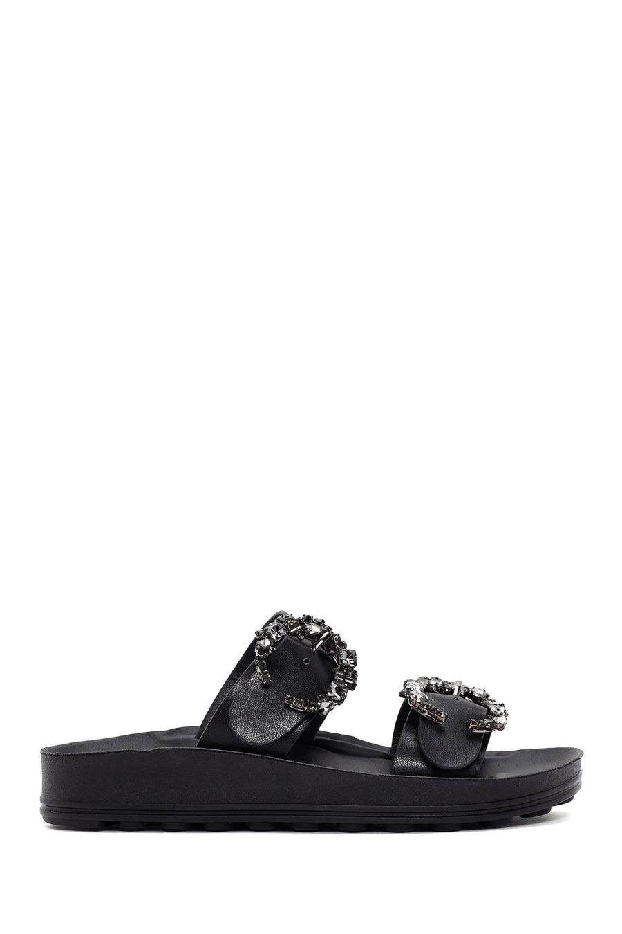 Women's Black Stone Double Buckle Thick Sole Comfort Slippers 24SFE464118 | Derimod