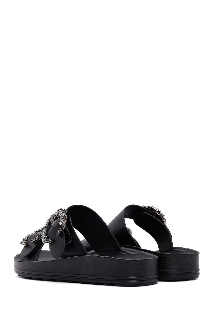 Women's Black Stone Double Buckle Thick Sole Comfort Slippers