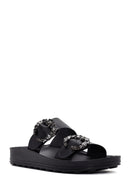 Women's Black Stone Double Buckle Thick Sole Comfort Slippers | Derimod