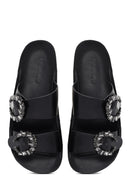 Women's Black Stone Double Buckle Thick Sole Comfort Slippers | Derimod