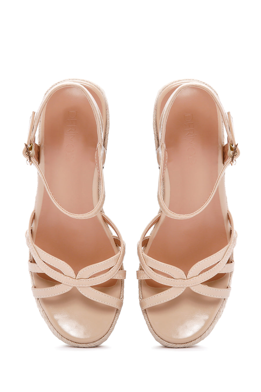 Women's Beige Ankle Strap Wedge Heels Patent Leather Espadrille