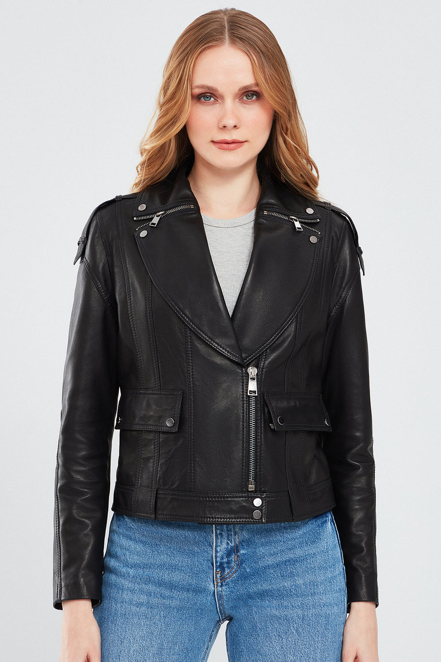 Reina Women's Black Biker Leather Jacket 24SGD5186VE | Derimod