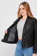 Reina Women's Black Biker Leather Jacket | Derimod