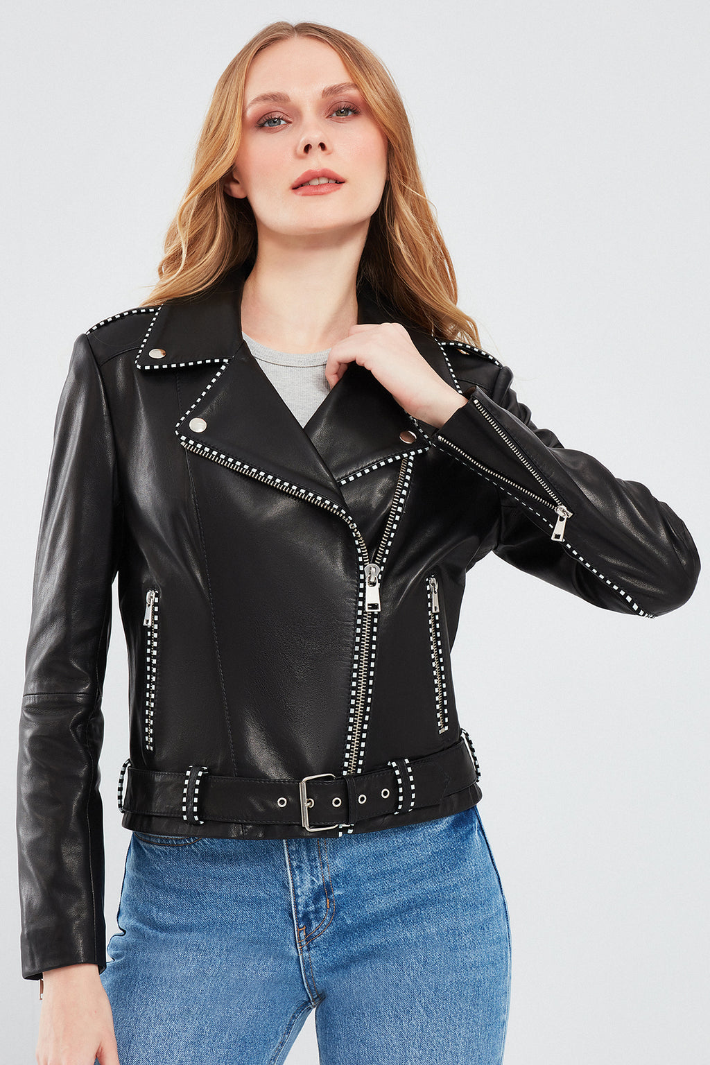 Angel Kadın Siyah Biker Deri Ceket