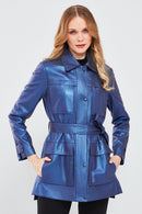 Anastasia Women's Navy Blue Metallic Leather Coat | Derimod