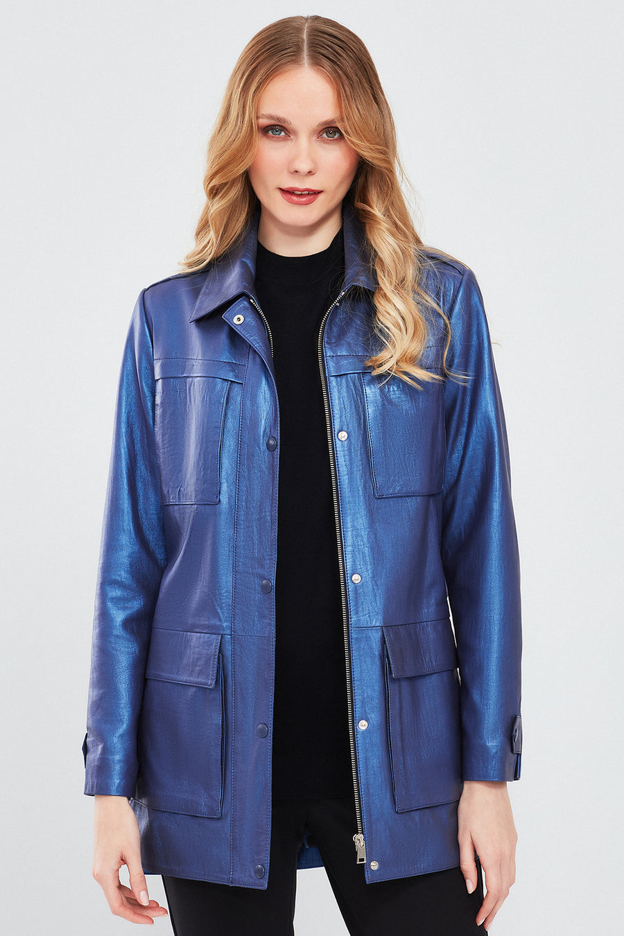 Anastasia Women's Navy Blue Metallic Leather Coat