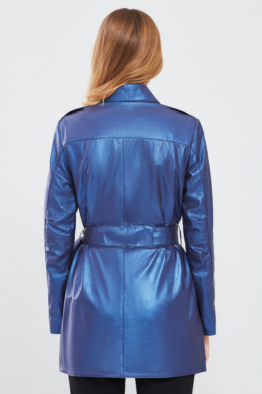 Anastasia Women's Navy Blue Metallic Leather Coat