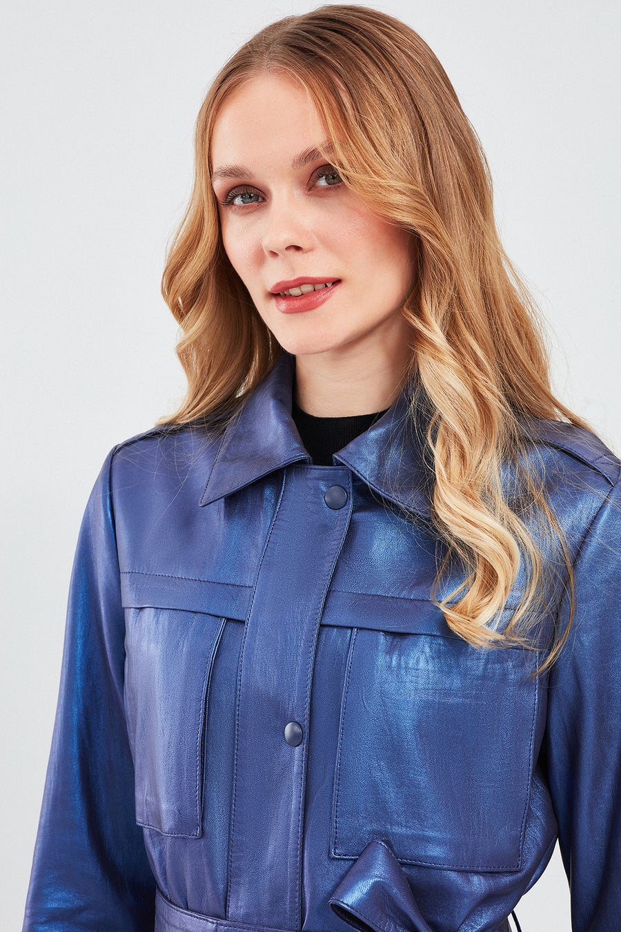 Anastasia Women's Navy Blue Metallic Leather Coat