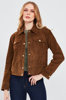 Amber Women's Brown Shirt Collar Short Suede Leather Jacket | Derimod