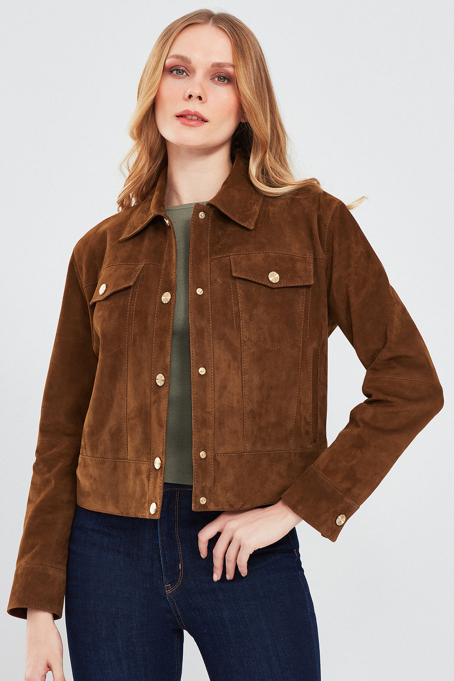 Amber Women's Brown Shirt Collar Short Suede Leather Jacket 24SGE519810 | Derimod