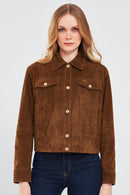 Amber Women's Brown Shirt Collar Short Suede Leather Jacket | Derimod