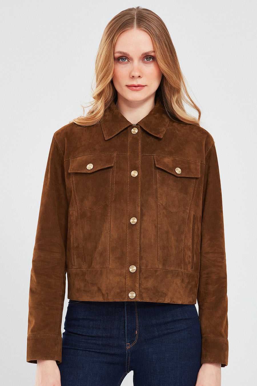 Amber Women's Brown Shirt Collar Short Suede Leather Jacket
