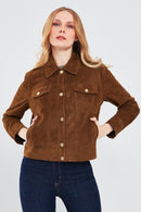 Amber Women's Brown Shirt Collar Short Suede Leather Jacket | Derimod