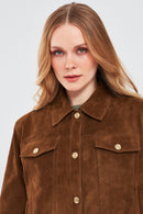 Amber Women's Brown Shirt Collar Short Suede Leather Jacket | Derimod