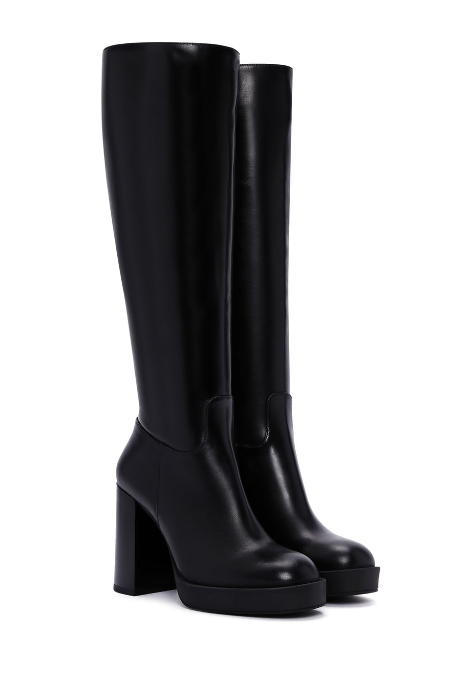 Women's Black Zippered High Heel Leather Boots