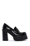 Women's Black Thick Heeled Leather Masculine Loafer | Derimod