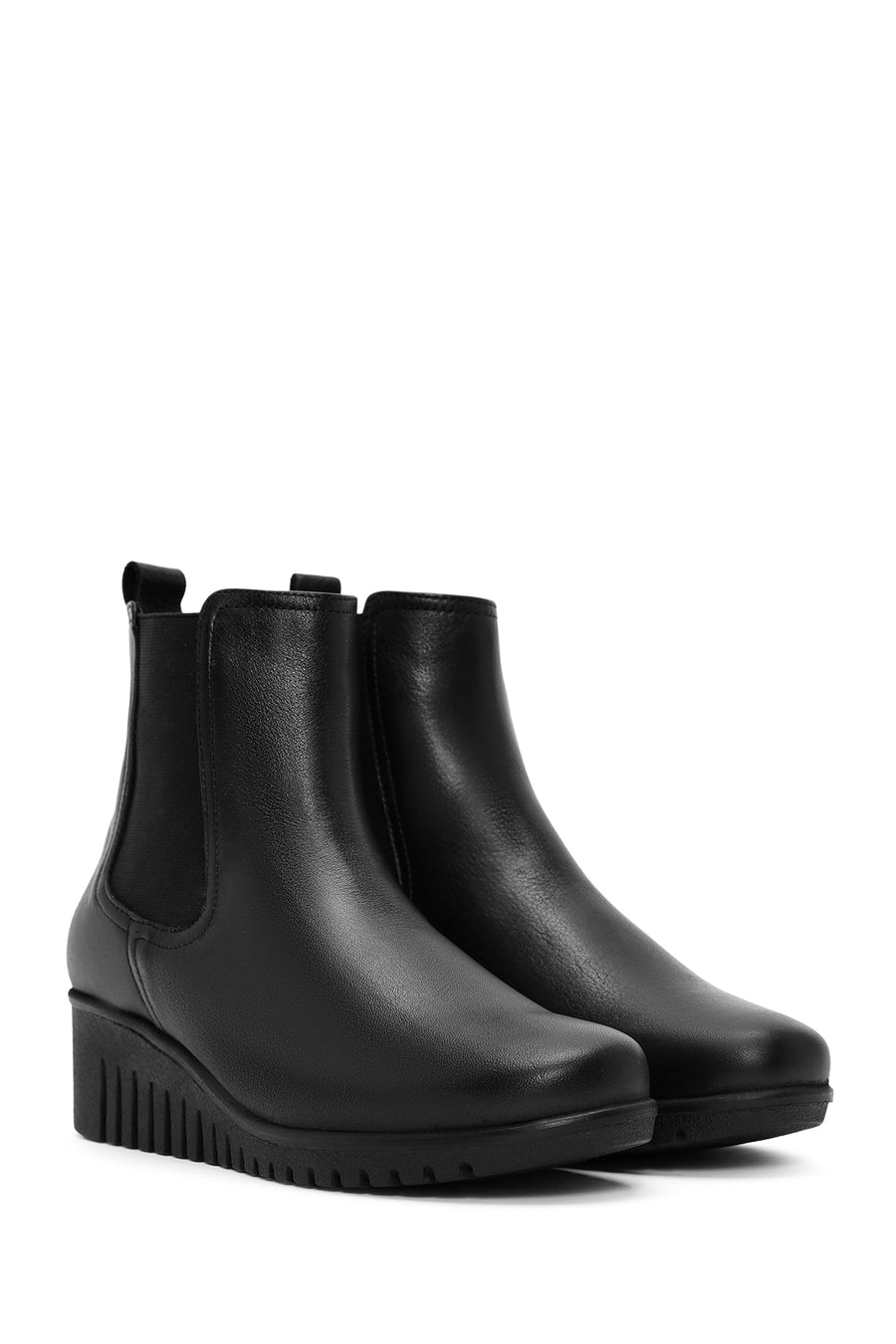 Women's Black Wedge Heel Leather Comfort Chelsea Boots
