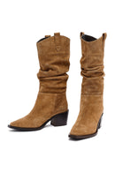 Woman Mink Chunky Heel Suede Leather Cowboy Boots | Derimod