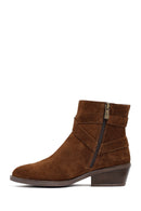 Woman Tan Zippered Suede Leather Cowboy Boots | Derimod