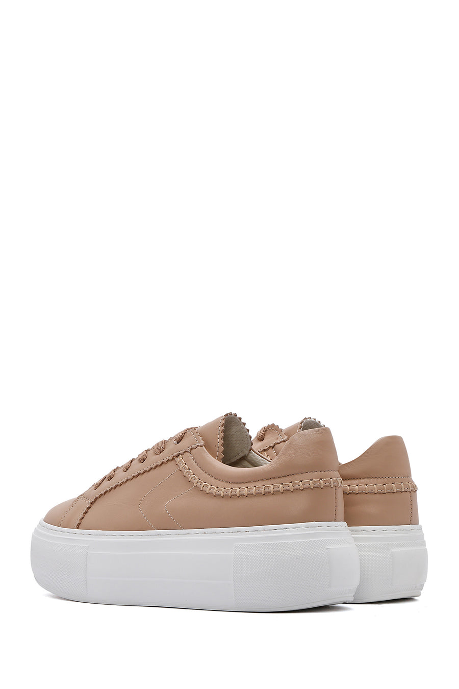 Kadın Bej Bağcıklı Kalın Tabanlı Deri Sneaker