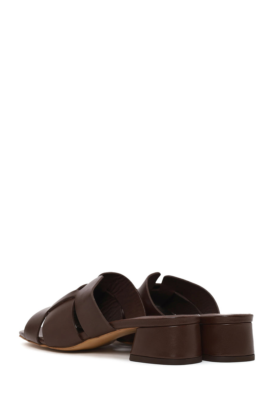 Woman Brown Short Thick-Heeled Leather Slipper