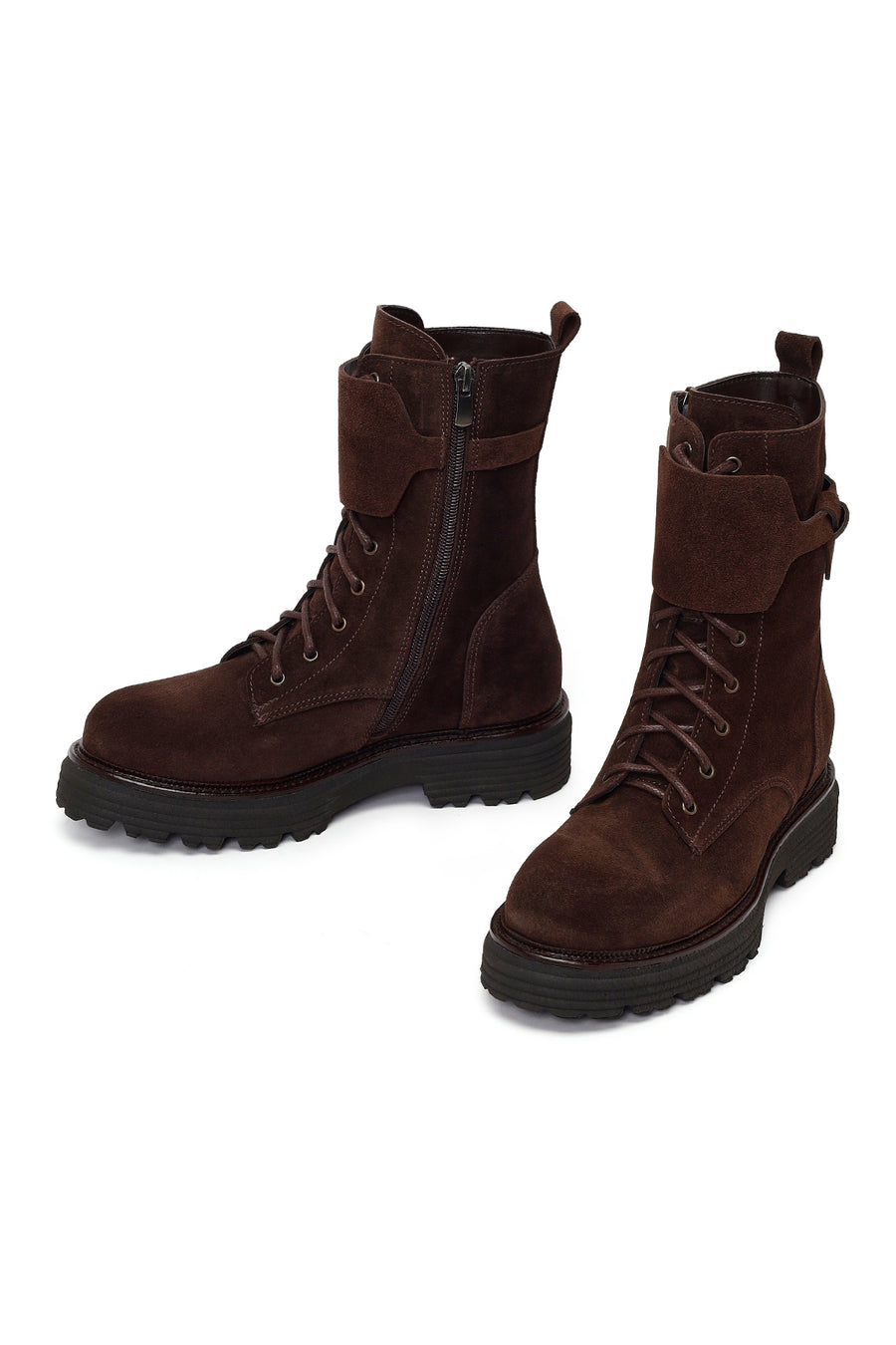 Woman Brown Lace-Up Zip Closure Suede Combat Boots