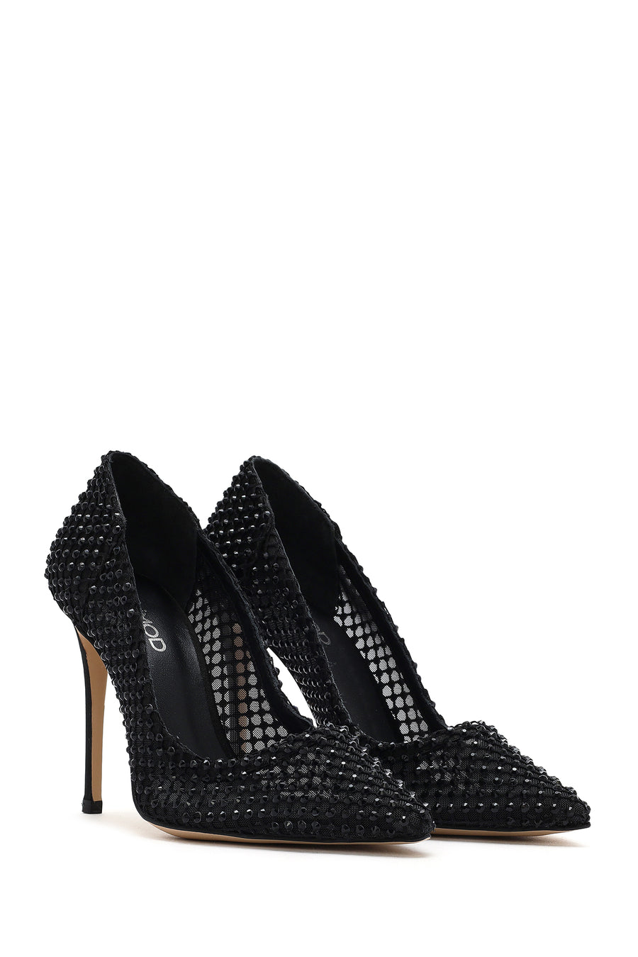 Woman Black Stoned High Thin Heels Leather Stiletto