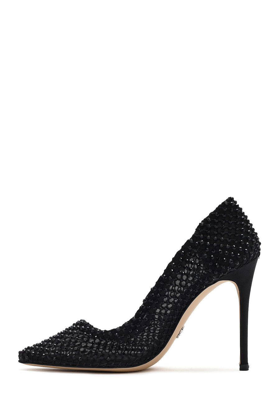 Woman Black Stoned High Thin Heels Leather Stiletto