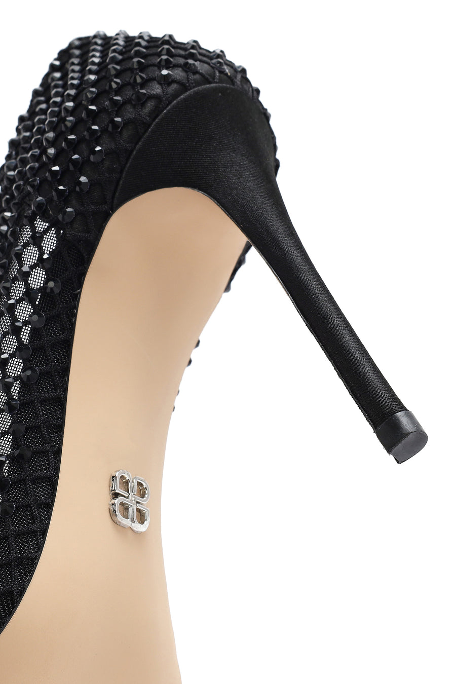Woman Black Stoned High Thin Heels Leather Stiletto