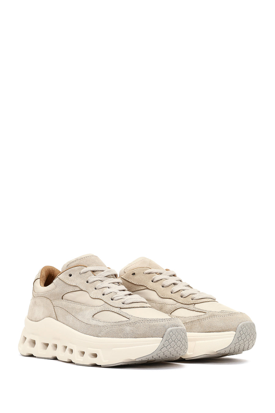 Women's Beige Lace-Up Thick-Soled Leather Sneaker