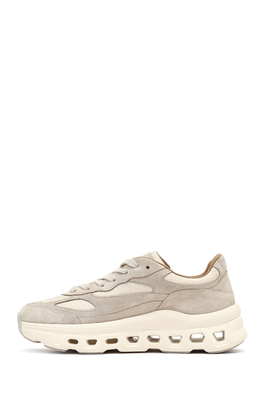 Women's Beige Lace-Up Thick-Soled Leather Sneaker