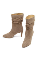 Woman Beige Thin Heeled Suede Leather Boot | Derimod