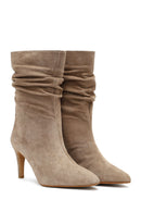 Woman Beige Thin Heeled Suede Leather Boot | Derimod