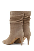 Woman Beige Thin Heeled Suede Leather Boot | Derimod