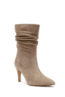 Woman Beige Thin Heeled Suede Leather Boot | Derimod
